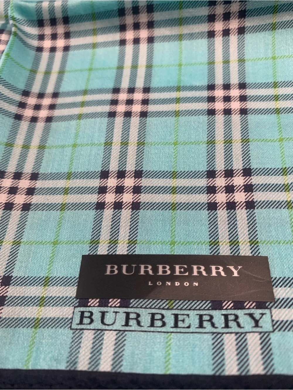 Burberry Plaid Handkerchief in Aqua Blue and Navy Trim